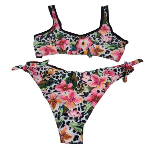 URCHICS Floral Leopard print 2 Piece Swimsuit Faux Ties Size M - Picture 5 of 9